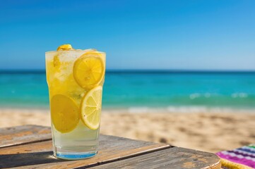 Obraz premium Refreshing lemon water served in a glass with citrus slices by the ocean shore. Concept of tropical summer beverages and holiday travel.