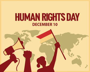 Human Rights Day illustration with flag and megaphone emphasizing global solidarity and advocacy for universal freedoms on December 10th