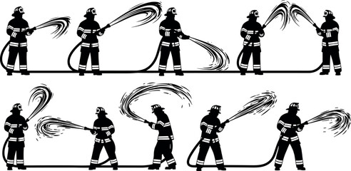 Silhouette firefighters spraying water with hose in action, emergency rescue team, fire safety training, teamwork, protection, danger response illustration