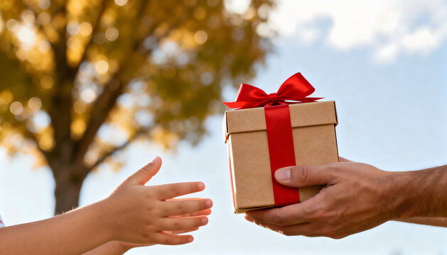 Child’s hand reaching for a kraft gift box with red ribbon bow given by an adult against autumn trees, symbolizing generosity, festive traditions, holiday joy, family bonds and giving spirit.