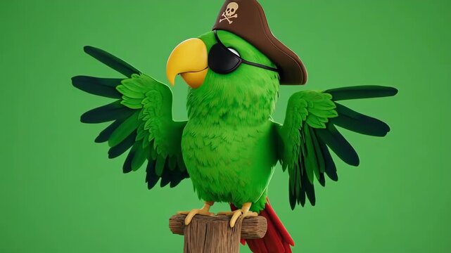 A green parrot wearing a pirate hat and eye patch standing on a wooden post against green background