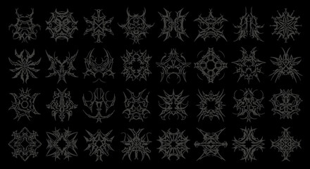Collection of Intricate Abstract Geometric and Organic Ornate Symbols with Dark Gothic Aesthetic for Design and Art Projects