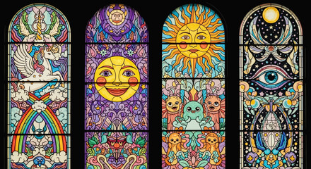 Intricate Stained Glass Panels Depicting Mystical Beings Celestial Bodies and Symbolic Imagery in a Vibrant Psychedelic Art Style