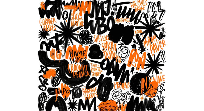 Abstract Chaotic Expressionist Art with Bold Orange and Black Markings and Textual Elements