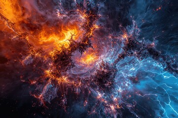 Fractal lightning with fiery and icy plasma energy backdrop