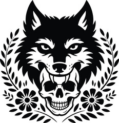 Wolf skull floral tattoo vector illustration .