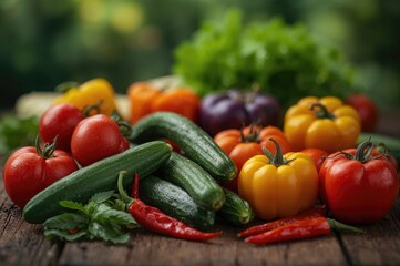 Organic garden vegetables freshly picked. Fall produce collection. Salad ingredients including tomatoes, cucumbers, zucchini, peppers, and chillies.