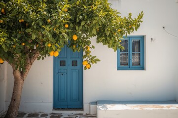 Fototapeta premium Mediterranean villa with lemon tree by a white wall and vibrant blue accents, perfect for travel inspiration