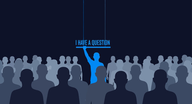 A single person stands out from a crowd holding up a sign that says I HAVE A QUESTION illustrating the act of inquiry and seeking knowledge in a group setting