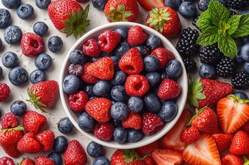 Obraz premium Assortment of colorful fruits and berries on a white backdrop. Collection of vibrant berries and fruits arranged in a bowl. Juicy and sweet berries displayed from above with room for text.