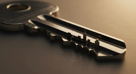 Close-Up of a Key on a Wooden Surface, Macro Photography, Warm Lighting, Capturing the Essence of Access and Security