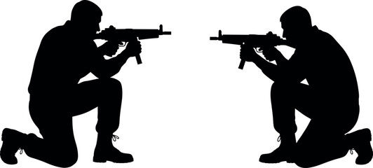 Silhouette of Armed Soldiers in Tactical Standoff with Rifles, Military Combat Pose, Black and White Vector Illustration for War Concept