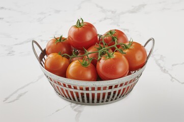 Organic fresh tomatoes in a metal container on a marble surface