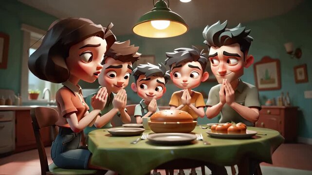 Stylized 3D toon thanksgiving family saying grace before meal at dining table with bread and warm light