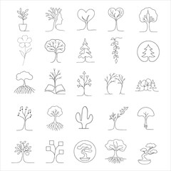 Set of tree one-line art vector illustrations