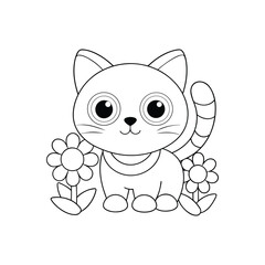 Cat with flower color page vector illustration