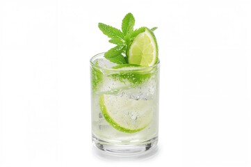 Refreshing cocktail with mint and lime on a white backdrop