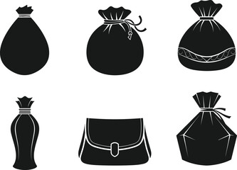 Silhouette bag icons, pouch shapes, handbag design, fashion accessory symbols, packaging template, vector illustration, black outline, minimal style, modern graphic