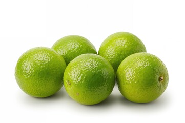 A Set of Five Fresh Green Limes on a White Surface