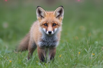 Fototapeta premium Red fox cub with striking fur and eyes in a woodland clearing, showing cleverness and allure as it hunts small prey in a countryside environment.