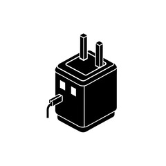 Silver travel adapter with upright plug prongs vector illustration silhouette
