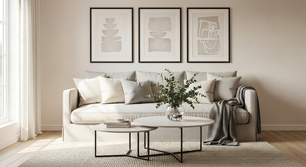 Living room interior with blank frame mockup isolated on transparent background cozy home decor with sofa, pampas grass, and wooden furniture stylish interior design for a comfortable and inviting liv