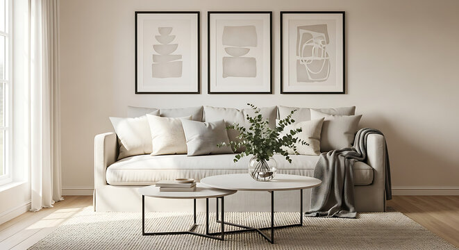 Living room interior with blank frame mockup isolated on transparent background cozy home decor with sofa, pampas grass, and wooden furniture stylish interior design for a comfortable and inviting liv