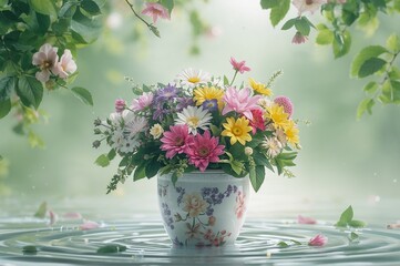 Floral arrangement in a container with natural backdrop, petals, liquid, warm season, standalone, environment, new growth, affection, foliage, present