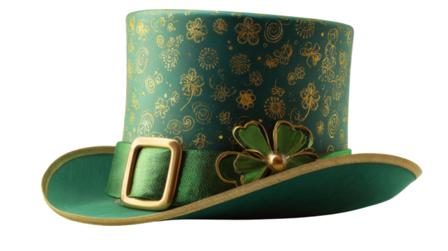 St. Patrick’s Day Green Hat with Shamrock Clover Isolated on White Background – Irish Holiday Costume Accessory, Lucky Leprechaun Party Decoration Symbol
