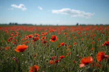 Vibrant field of red and green poppy blossoms as a scenic backdrop