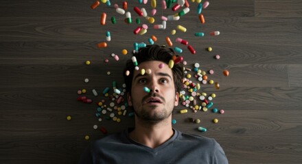 Man reclines on floor looking at shower of capsules.