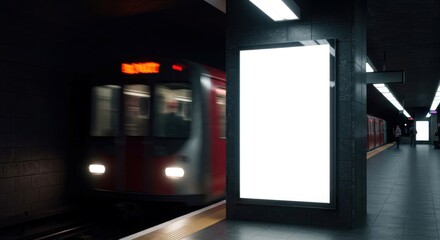 Underground station advertising space with train behind.