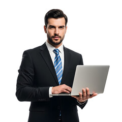 Confident Businessman in a Suit Holding a Laptop and Smiling