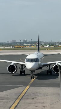 Mississauga, Ontario, Canada, June 16, 2025: Air Canada commercial aircraft arrives at the Toronto Pearson International Airport.