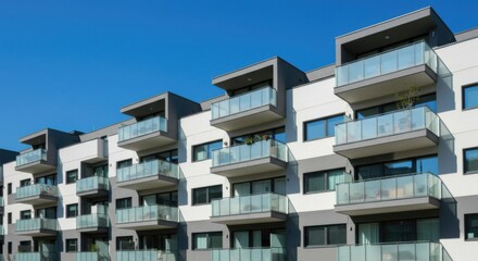 Fototapeta premium Bright sky over modern residential tower with terraces.