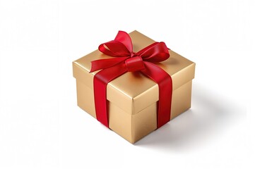 Fototapeta premium Isolated White Background Featuring a Gift Box Wrapped in Gold Paper and Tied with a Red Ribbon