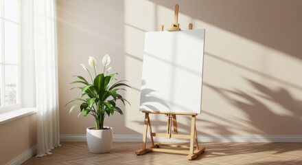 Artistic setup with easel and empty canvas near indoor plant in bright space.