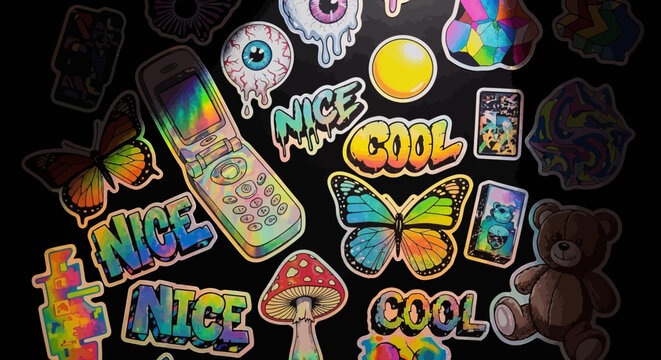 A Vibrant Collection of Psychedelic and Nostalgic Stickers Featuring Butterflies Mushrooms Eyeballs and a Retro Flip Phone