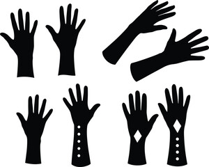 Silhouette hands, glove designs, fashion accessory, vector illustration, black forearm shapes, costume concept, abstract art, minimal style, graphic element, template