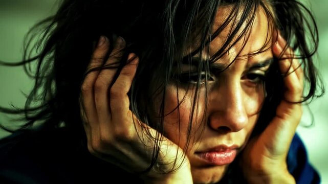 Female PTSD concept: traumatized woman in emotional stress with disheveled hair, presses hands to face.