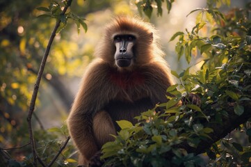 Obraz premium Theropithecus gelada perched on a tree limb