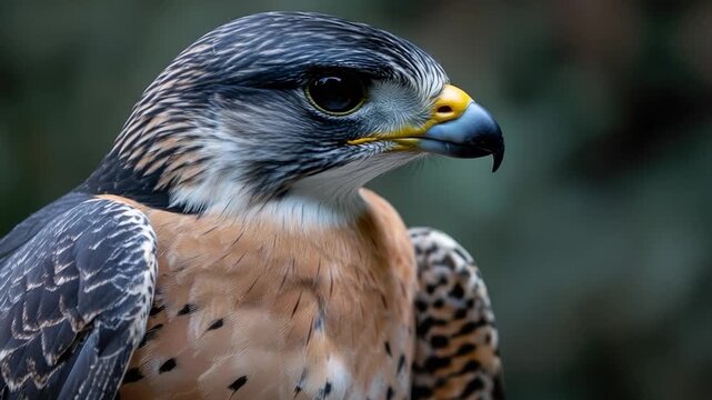 A close-up view of a bird of prey's face and feathers