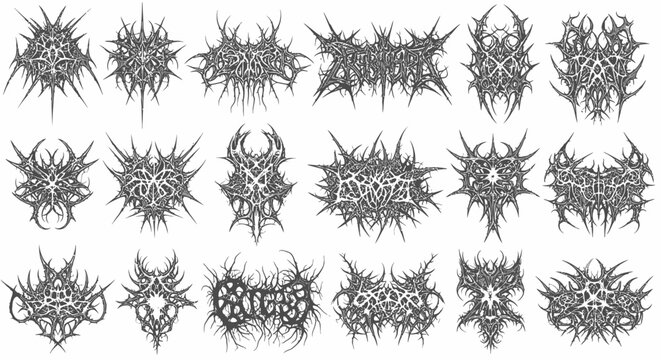 A Collection of Intricate and Aggressive Black Metal and Death Metal Band Logos Showcasing a Visually Striking Aesthetic for Extreme Music Enthusiasts