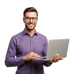Smiling man in glasses wearing a purple shirt holding a laptop and looking at the camera, isolated on white background