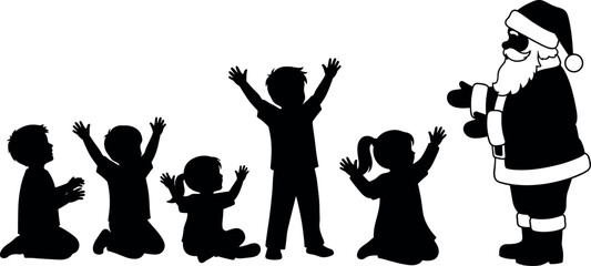Silhouette of Santa Claus greeting excited children during Christmas celebration, festive holiday scene with joyful kids and traditional Santa outfit