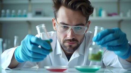 Man in a lab coat and goggles holding a test tube in a laboratory, conducting scientific experiments and research with safety equipment for accurate results