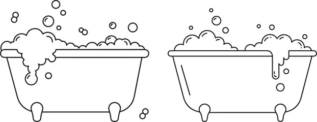 Two bathtubs filled with bubbles and water silhouette isolated on white background