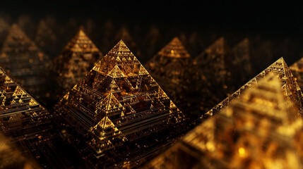 Abstract Golden Pyramids Patterned with Geometric Designs