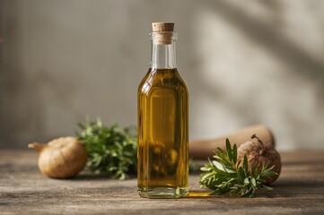 Container and glass filled with olive oil
