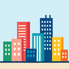 Minimal flat design urban cityscape with colorful buildings.